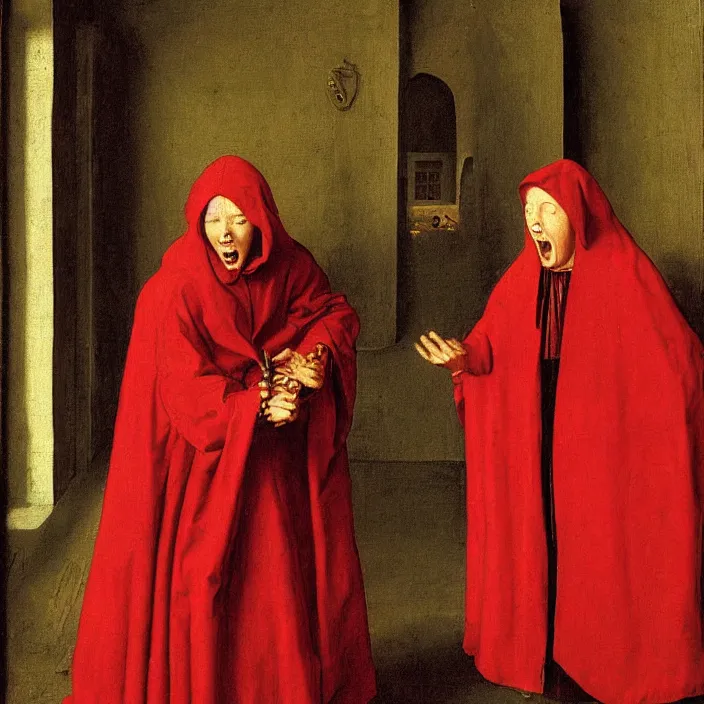 Image similar to an angry screaming woman in a red cloak, fire, by Jan van Eyck