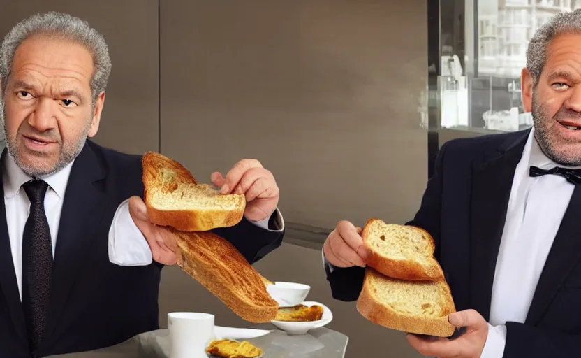 Prompt: alan sugar dream sequence. the apprentice, eating toast