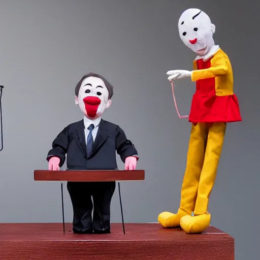 Prompt: puppet show of a string marionette of a president with clown face in a podium