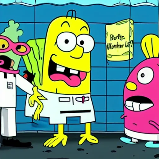 Prompt: walter white gets trapped in bikini bottom and meets spongebob and patrick