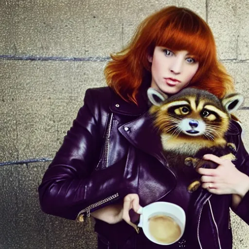 Image similar to a photo by arbus of a slender beautiful woman with straight ginger hair and bangs, wearing purple leathers and gold helmet, posing with large ginger tabby and raccoon on a motorcycle in her front yard, holding coffee mug and toasted brioche bun, fashion photography, dramatic lighting, 8 5 mm lens