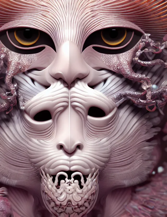 Image similar to 3 d goddess close - up frontal portrait with cat skull. beautiful intricately detailed japanese crow kitsune mask and clasical japanese kimono. betta fish, jellyfish phoenix, bio luminescent, translucent, plasma, ice, water, wind, creature, artwork by tooth wu and wlop and beeple. vray. behance. 8 k