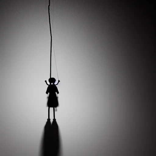 Prompt: shadow of a puppet being held up with strings, visual shadow of strings on top of the puppet, depth field, unreal engine, 4k concept art and hyper realism