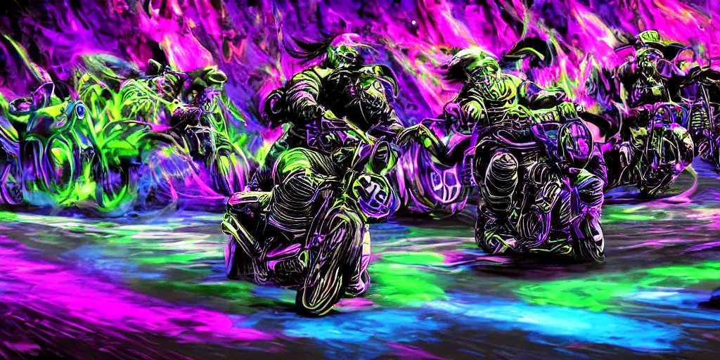 Image similar to psychedelic blacklight airbrush artwork, motorcycles, hyper stylized action shot of orc bikers racing on motorcycles, menacing orcs, drifting, skidding, wheelie, motorcycle tricks, clear focused details, soft airbrushed artwork, black background, cgsociety, artstation, stunning, masterpiece