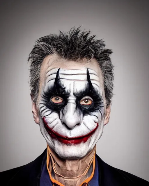 Prompt: Mauricio Macri in Elaborate Cat Man Makeup and prosthetics designed by Rick Baker, Hyperreal, Head Shots Photographed in the Style of Annie Leibovitz, Studio Lighting, Mauricio Macri as the Joker