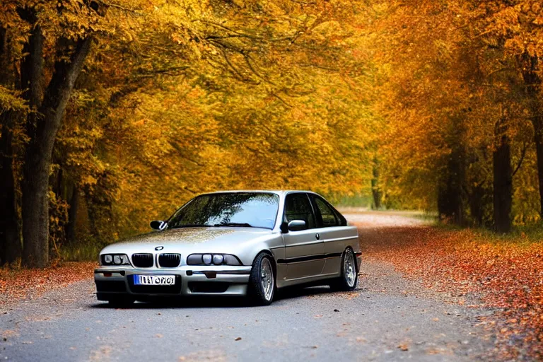 Image similar to A BMW e36 parked in a road with trees, autumn season, Epic photography, taken with a Canon DSLR camera, 150 mm, depth of field