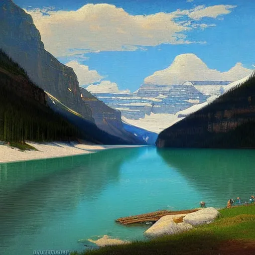 Prompt: Lake Louise in Banff National park, beautiful detailed landscape painting in the style of 19th century Hudson River school of Art