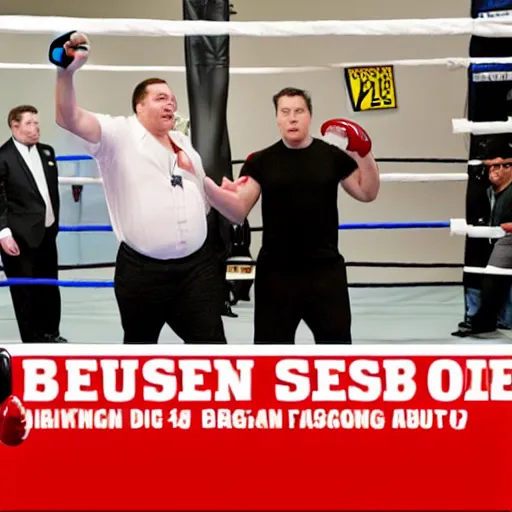 Image similar to obese elon musk fighting obese steven seagal in a boxing match, wet