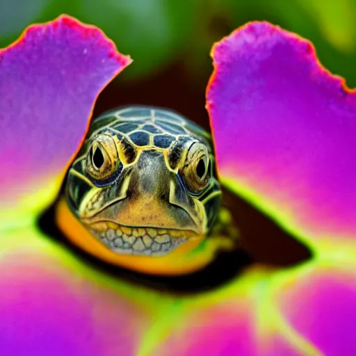 Prompt: a picture of a turtle in love with a flower, vivid colours, depth of field, 50mm