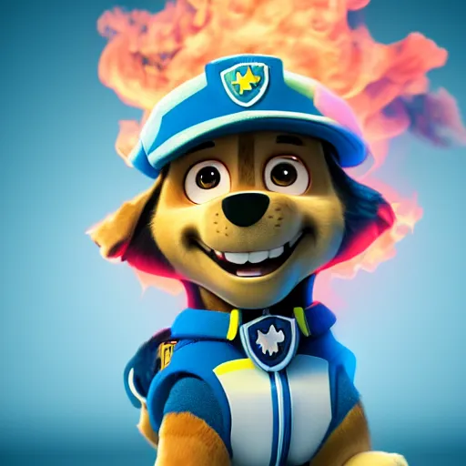 Image similar to marshall from paw patrol portrait, movie poster, 8 k, trending on artstation, octane render, fire and volumetric smoke and shadows in the background