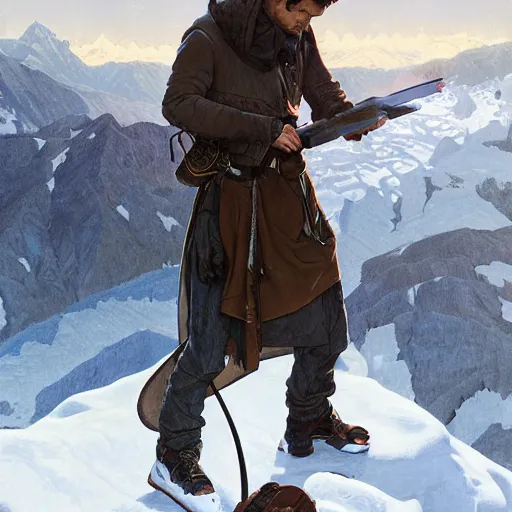 Image similar to male dj mix his music in front of the crowd on the Alps mountains, highly detailed, digital painting, artstation, concept art, sharp focus, illustration, art by artgerm and greg rutkowski and alphonse mucha and Norman Rockwell,