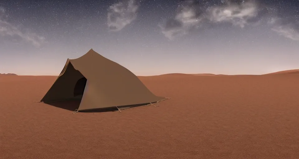 Prompt: hyper realistic matte painting of a small tent in the desert with dunes at midnight, dark color scheme, artstation