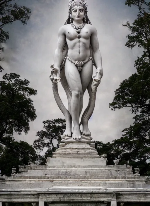 Image similar to wide - angle shot of marble statue of shiva, depth of field, zeiss lens, detailed, symmetrical, centered, fashion photoshoot, by nicoletta ceccoli, mark ryden, lostfish, earl nore, hyung tae, frank frazetta, breathtaking, 8 k resolution, extremely detailed, beautiful, establishing shot, artistic, hyperrealistic, octane render