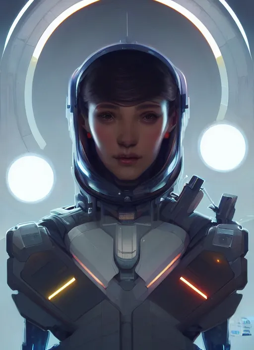 Image similar to symmetry!! portrait of space soldier, tech wear, scifi, glowing lights!! intricate elegant, highly detailed, oil painting, artstation, concept art, smooth, sharp focus, illustration, art by artgerm and greg rutkowski and alphonse mucha