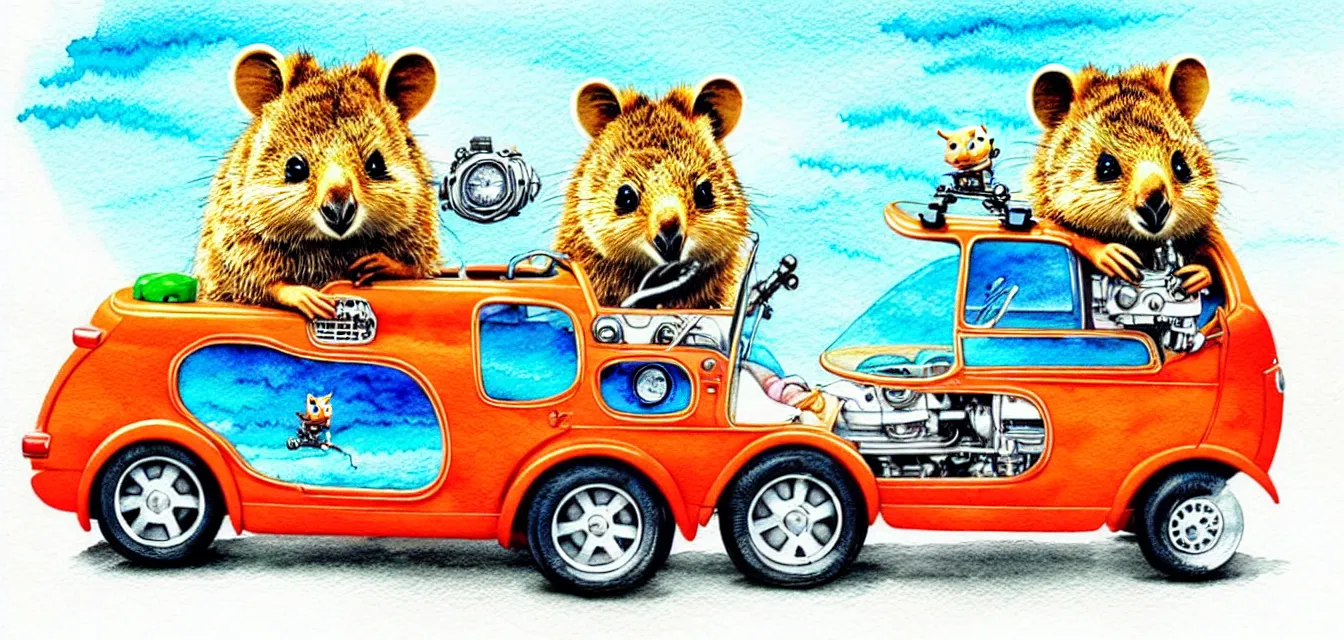 Image similar to cute and funny, quokka riding in a tiny hot rod with oversized engine, ratfink style by ed roth, centered award winning watercolor pen illustration, isometric illustration by chihiro iwasaki, edited by range murata, tiny details by artgerm and watercolor girl, symmetrically isometrically centered