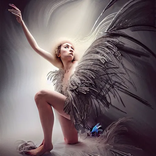 Prompt: portrait of a girl transforming into a feathered bird, covered in feathers, wings spread, taking flight, surreal, fantasy, intricate, elegant, dramatic lighting, emotional, symbolic metaphor, highly detailed, lifelike, photorealistic, digital painting, artstation, concept art, smooth, sharp focus, illustration, art by John Collier and Krenz Cushart and Artem Demura and Alphonse Mucha and Albert Aublet