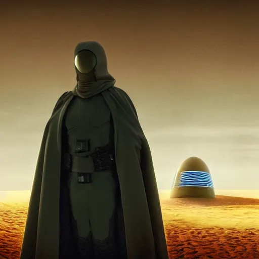 Prompt: a robed mysterious person in front of glowing sci - fi nuclear containment building in a still from dune ( 2 0 2 1 ), 4 k