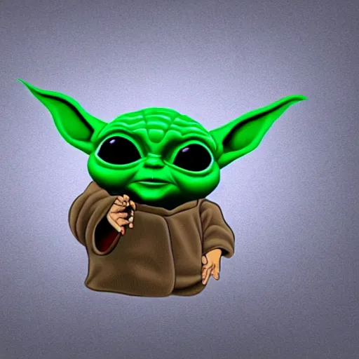 Prompt: baby yoda pointing a gun at you