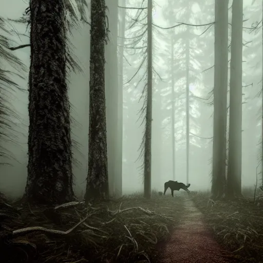 Prompt: a very detailed photograph of a wendigo in a dark foggy forest 4 k, high resolution, still, landscape, hd, dslr, hyper realistic