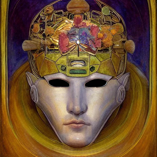 Prompt: masterpiece painting of the head of the robot flower king, by annie swynnerton and jean delville and tino rodriguez, flower mask, symbolist, dramatic lighting, god rays, elaborate geometric ornament, art brut, soft cool colors, smooth, sharp focus, extremely detailed, adolf wolfli