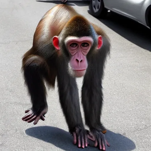 Prompt: a giant monkey's head walking on the street, it has chicken legs, trending on pinterest