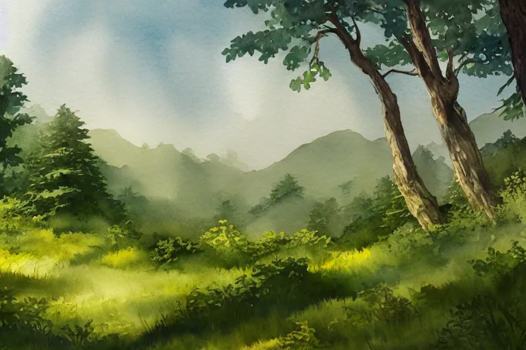 Prompt: a watercolor painting of a beautiful landscape and horizon, verdant forests as far as the eye can see, trending on artstation, 4 k, super high detail