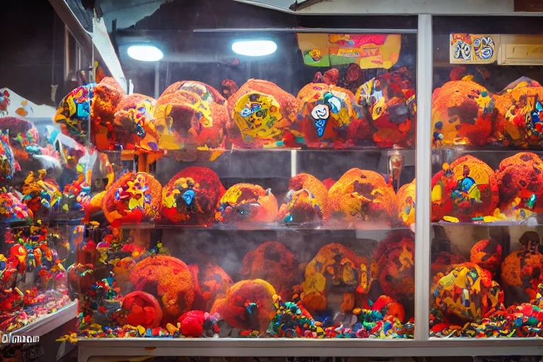 Prompt: claw machine filled with volcanos, 85mm f/11,