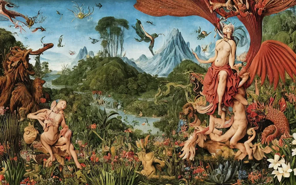 Image similar to a photograph of a meditating harpy and a centaur king riding dragons and hugging tropical animals at a river delta. surrounded by bulbous flowers, animals and trees. mountains range under a blue sky of burning stars. painted by jan van eyck, max ernst, ernst haeckel and ernst fuchs, cgsociety, artstation, fashion editorial, 8 k