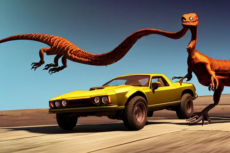 Prompt: velociraptor as car, stylized, design 3 dmax vray maya pixar unreal 5, hyperrealistic, octane render, dynamic lighting, intricate detail, harvest fall vibrancy, cinematic, beeple, by thomas kinkade global illumination ray tracing hdr, art gta 5 cover, official fanart behance hd artstation, jesper ejsing, rhads