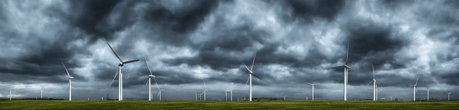 Image similar to Stormy sky with the lightings in the clouds, blueshift render, just 1 wind turbine in the background, depth of field, pipes and vaults on the ground, photorealistic, photo lense, focus, Full HD, 1128x191 resolution