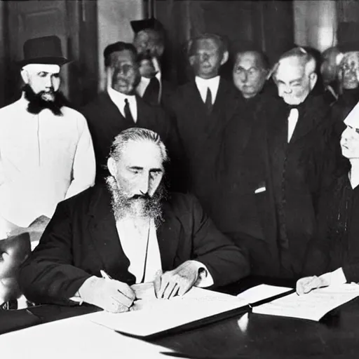 Image similar to black and white photograph from the early 1 9 0 0 s of fidel castro signing the declaration of independence with a giant!!!!! feathered!!! pen!!!!! wooden furniture out of focus in the background, high quality, hyperdetailed