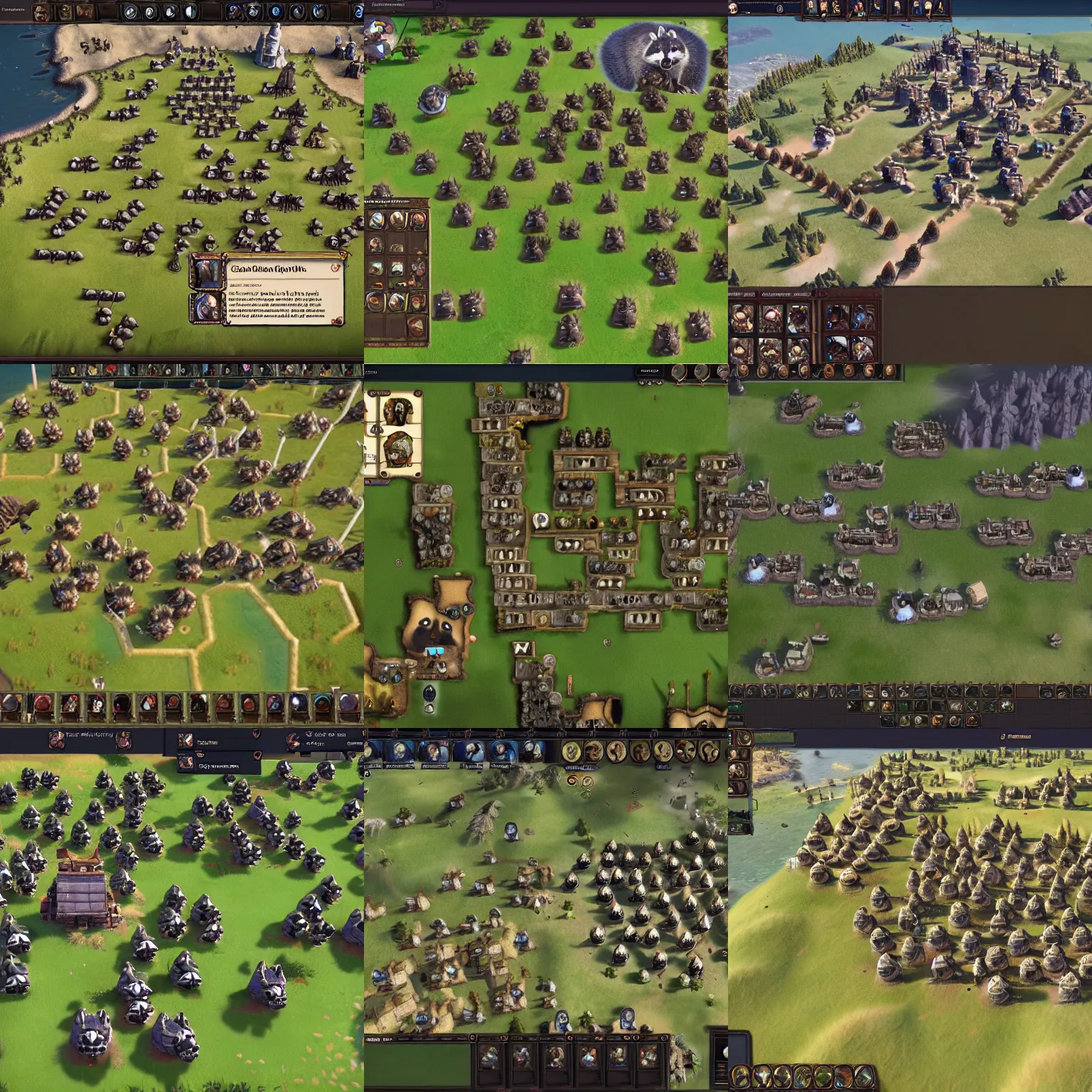 Prompt: screenshot from A strategy game about building a raccoon empire, empire of raccoons, 4x game screenshot, crusader kings, civilization 6