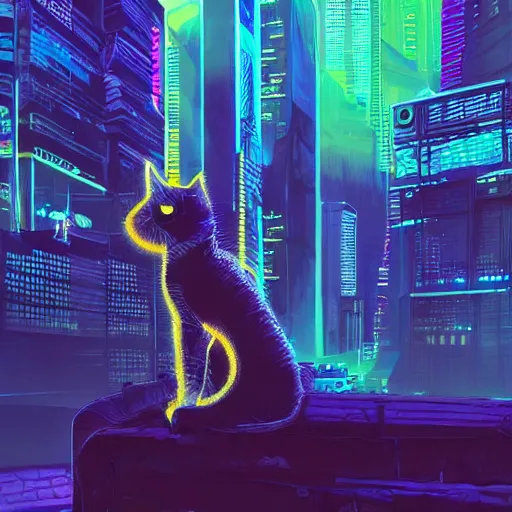 Image similar to cyberpunk cat, neon glow, city in the background, high quality, high detailed