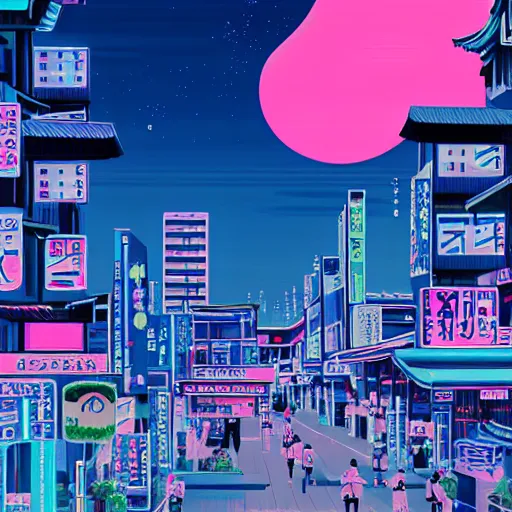 Image similar to synthwave japanese town with moon background, sharp focus, 8 k, high details