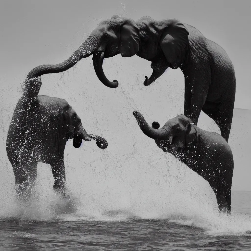 Image similar to “a black and white photo of an elephant splashing water by Maties Palau Ferré, featured on flickr, arabesque, national geographic photo, ilford hp5, majestic”