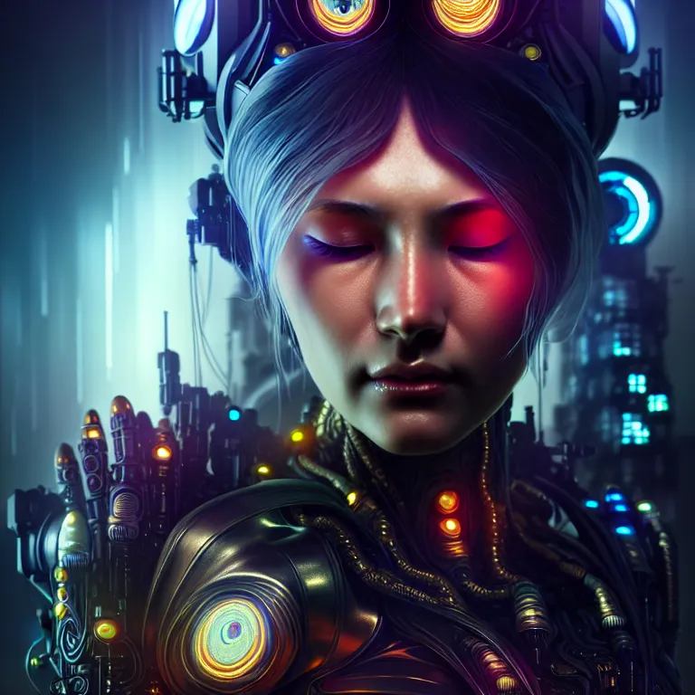 Image similar to ultra realistic beautiful cyborg deity eyes closed, scifi, cyberpunk, fantasy, intricate details, movie still, highly detailed, photorealistic, octane render, eerie, 8k, art by artgerm and alphonse mucha