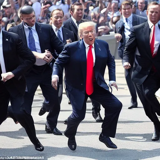 Image similar to donald trump running from policemen that are chasing him behind him, helicopters and explosions in the background