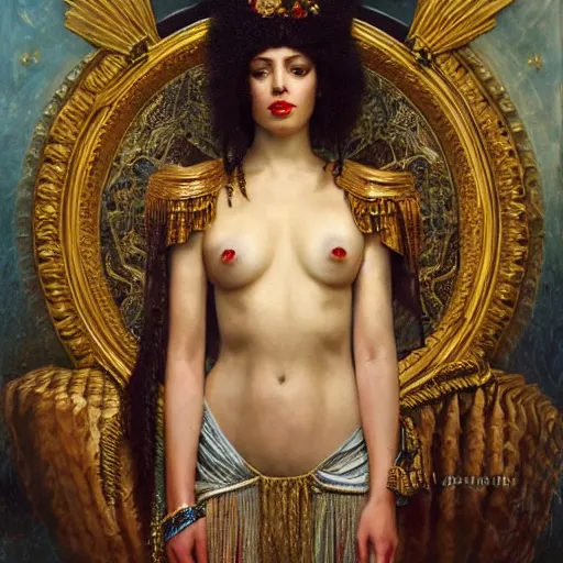 Prompt: highly detailed oil painting | very intricate | cinematic lighting | award - winning | portrait of cleopatra dressed by jean paul gaultier | by roberto ferri, by tom bagshaw, by j. c. leyendecker and klimt, american romanticism, by austin osman spare, artstation, cgsociety, official art, octane