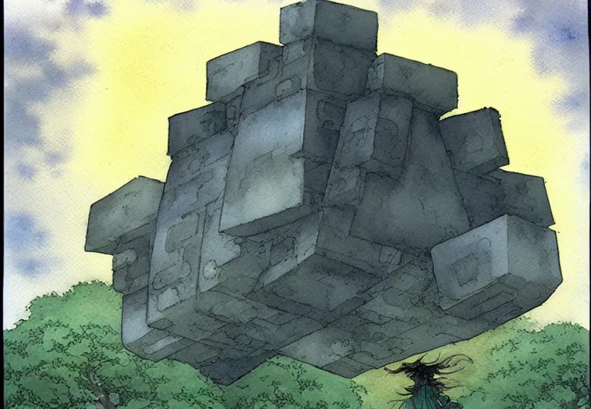 Prompt: a simple watercolor fantasy concept art of a giant dark grey cube floating in the air. by studio ghibli, rebecca guay, michael kaluta, charles vess