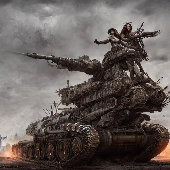 Prompt: beautiful apocalyptic woman in hood, standing on mad max panzer tank, hyper-detailed, smooth, sharp focus, 4k ultra hd, fantasy dark art, tank girl, artgerm, artstation, octane render, elegant, detailed digital painting, apocalyptic art