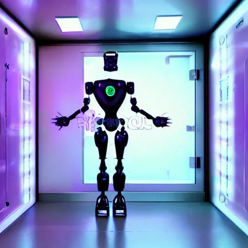 Prompt: futuristic humanoid robot in a containment facility, photorealistic, neon lights,