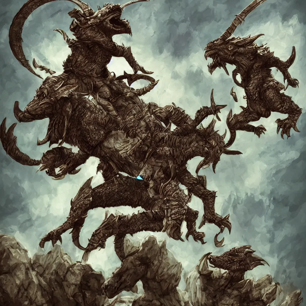 Image similar to dragonborn from dungeons and dragons jumping into a goat's back, illustration