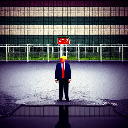 Image similar to vintage instamatic photo of Donald trump in jail, Puddles, parking lot, Isometric 3D, smooth 3D Illustration, Cinematic Matte Painting, volumetric lighting ,