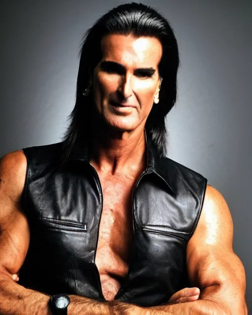 Prompt: photo of fabio lanzoni with black hair and a five o clock shadow wearing a black leather vest, shirtless, dark cargo pants, grizzled 9 9 9 9 9 9 9 9 9