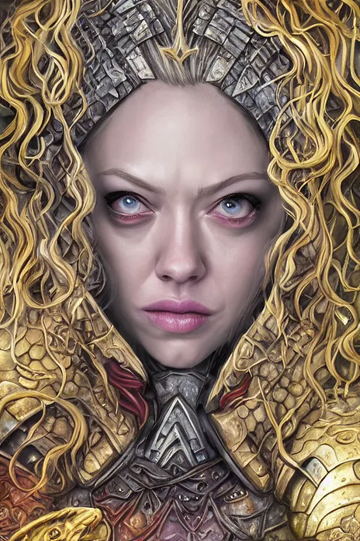 Prompt: A fantasy comic book style, composite portrait painting of Amanda Seyfried, Cory Chase as an Atlantean, Reptilian Warrior, Mystical Valkyrie, Armor, Sword, Spear, Sheild, François Boucher, Oil Painting, unreal 5, DAZ, hyper realistic, Photorealistic, octane render, Regal, Refined, Coherent, Detailed Digital Art, RPG portrait, William-Adolphe Bouguereau, Michael Cheval, Walt Disney (1937), Steampunk, Golden dappled dynamic lighting, Highly Detailed, Theophanic atmosphere, Cinematic Lighting, Unreal Engine, 8k, HD