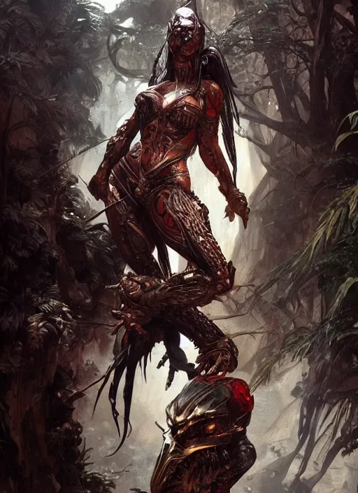 Image similar to The Predator, warrior scene, fantasy, intricate, elegant, highly detailed, digital painting, artstation, concept art, smooth, sharp focus, illustration, fine art by artgerm, greg rutkowski, alphonse mucha