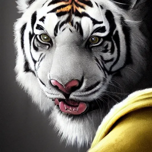 Image similar to a beautfiul award winning aesthetic commission of an antrho albino tiger wearing a black padded hooded puffer jacket,golden cahin around the neck,digital art,art by artgerm,character design by charles bowater,ross tran,photorealistic,detailed face,hyperdetailed,western comic,2021,artstation,deviantart