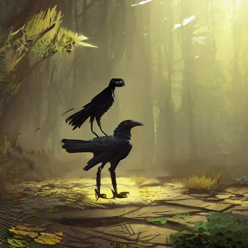 Image similar to concept art painting of an anthropomorphic crow person with steampunk clothes, in the deep forest, realistic, detailed, cel shaded, in the style of makoto shinkai and greg rutkowski and james gurney