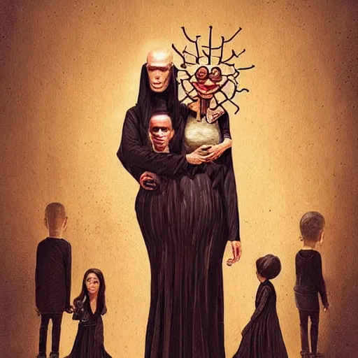 Prompt: Family portrait of Kim Kardashian and her husband pinhead from 'Hellraiser!'. with their 3 children. illustration, highly detailed by Greg Rutkowski