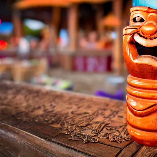 Image similar to a closeup photorealistic photograph of a glossy orange cat garfield style tiki mug sitting at a trader vic's beach bar featuring garfield's face. tiki theme. bright scene. fine detail. this 4 k hd image is trending on artstation, featured on behance, well - rendered, extra crisp, features intricate detail, epic composition and the style of unreal engine.